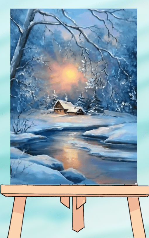 Winter landscape painting on an easel.