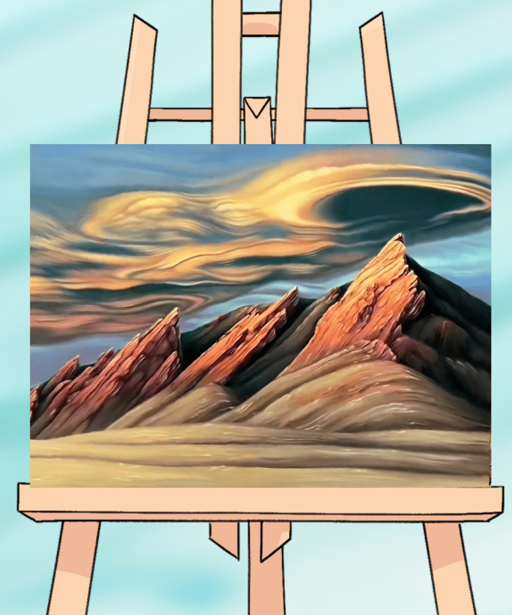Surreal painting of mountains on easel.