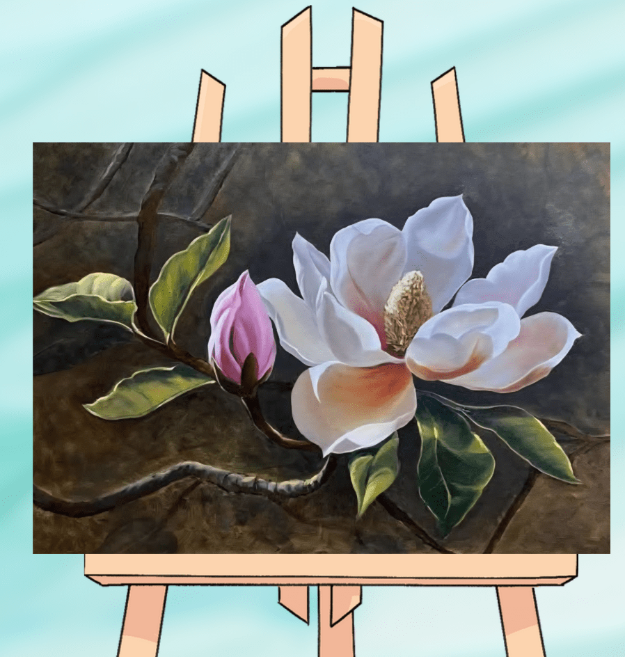 Painting of magnolia on an easel.
