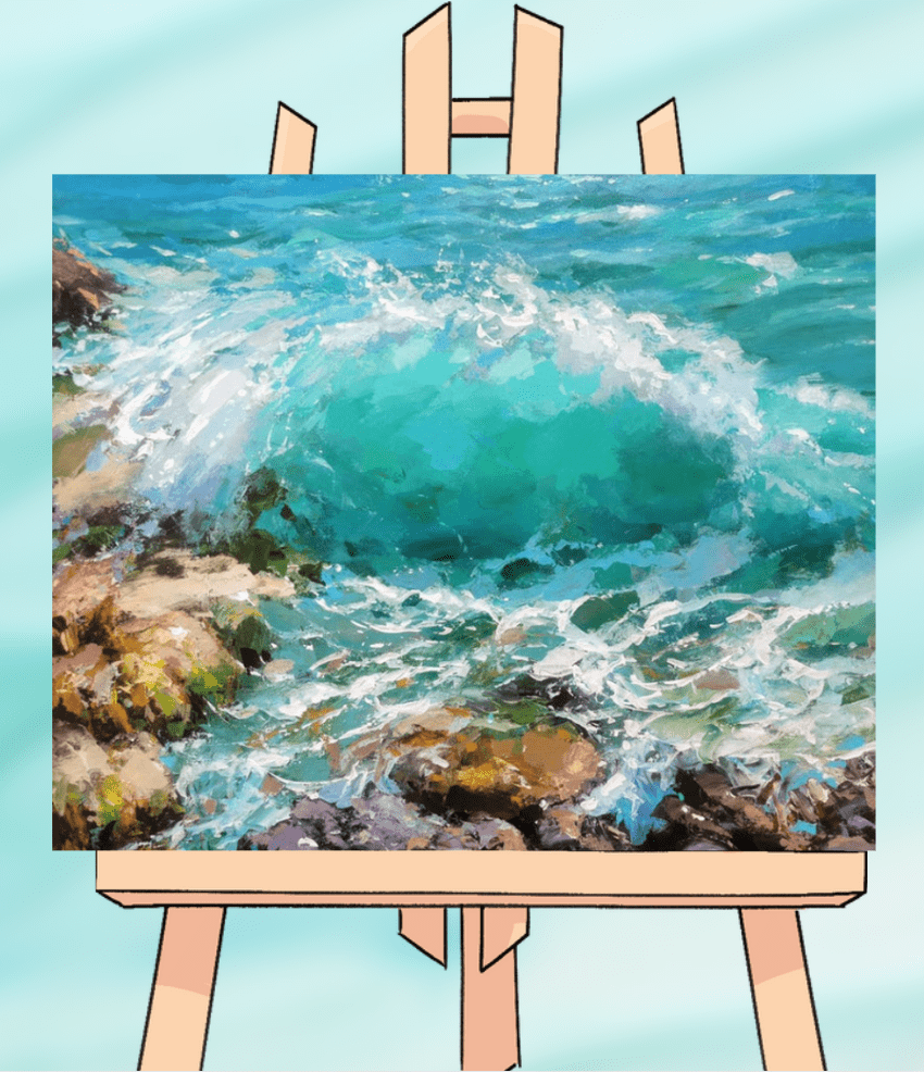 Painting of ocean waves on wooden easel.