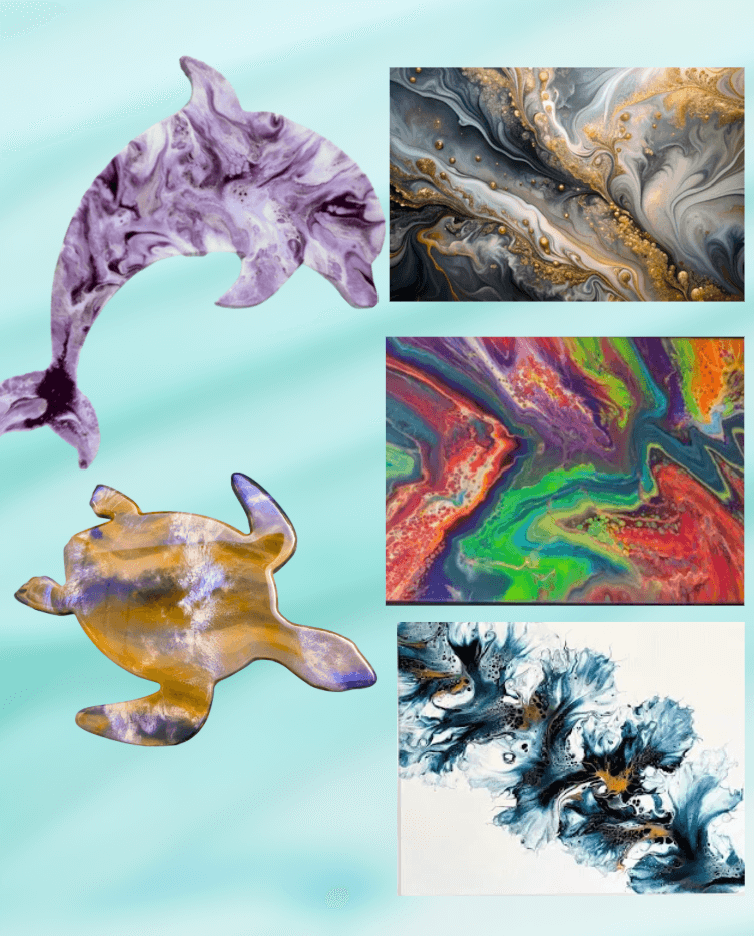 Abstract art with dolphin and turtle shapes.