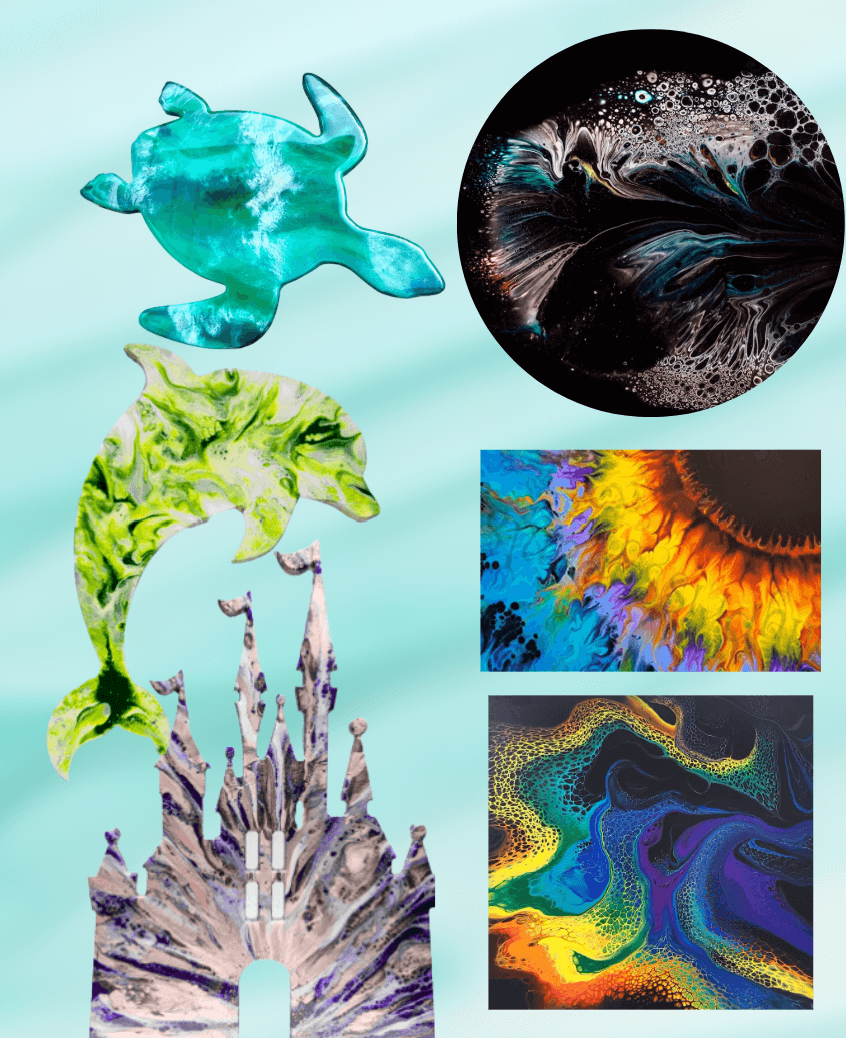 Abstract colorful resin art in various shapes.