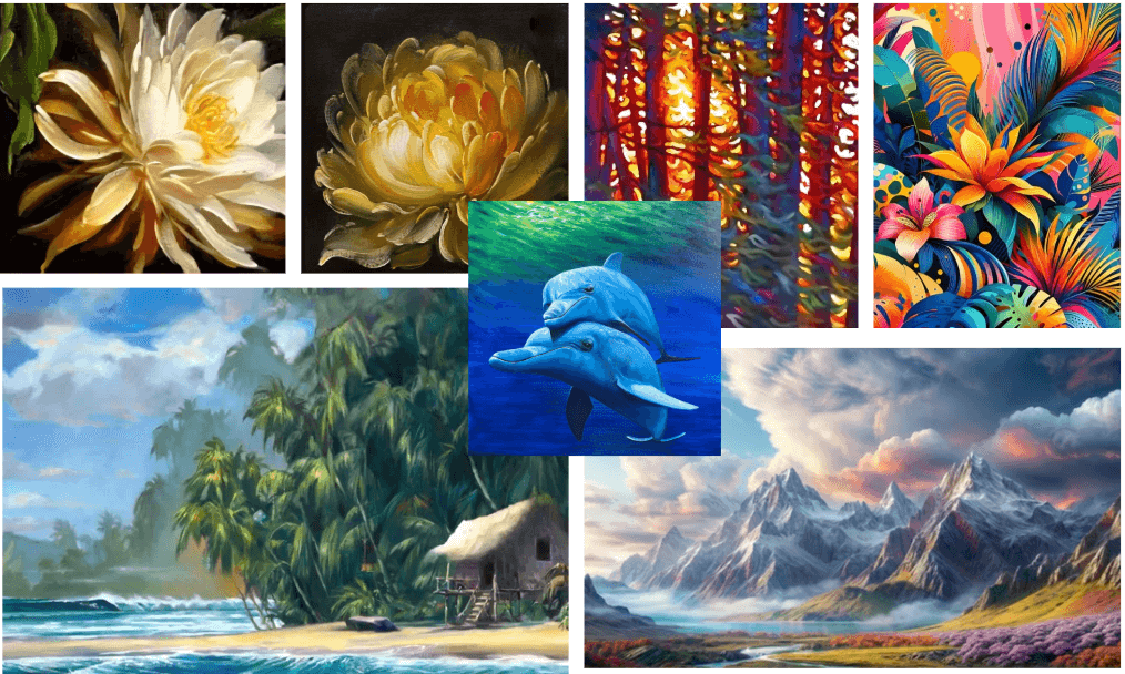 Collage of nature scenes and abstract art.