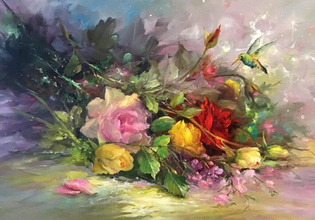 A vibrant oil painting of assorted flowers in soft, blended colors.