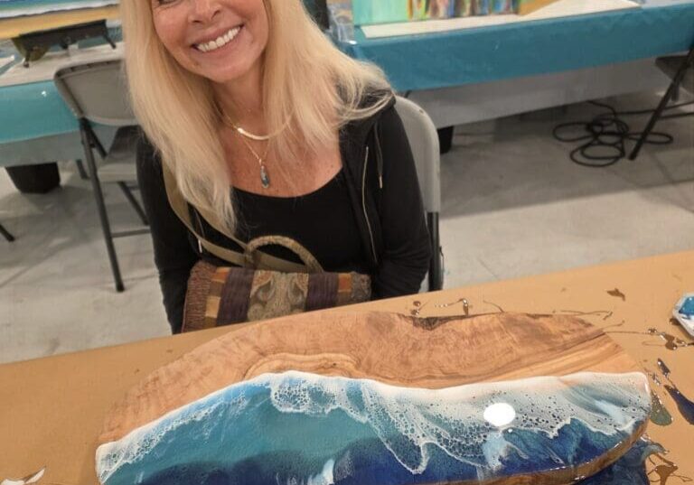 Create a beach-inspired resin charcuterie board in this guided, hands-on art class. Ocean colors, wave techniques, and unique board styles.