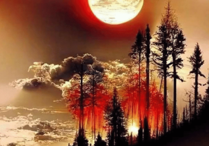 A fiery forest silhouette under a large glowing moon.