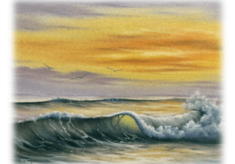 A painting of the ocean waves at sunset.