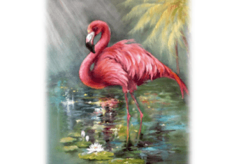 A painting of a flamingo standing in water.