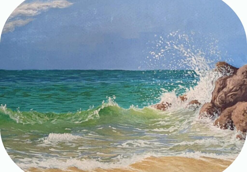 Person swimming near rocky shore with waves and distant mountain.