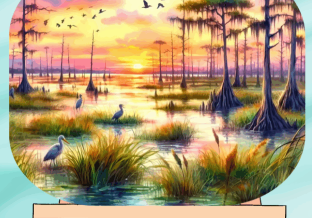 Colorful swamp landscape with birds at sunset.