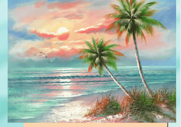 Painting of tropical beach scene on easel.