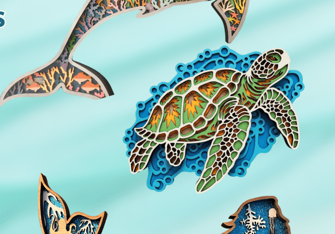 Dolphin, turtle, and mermaid layered wood art