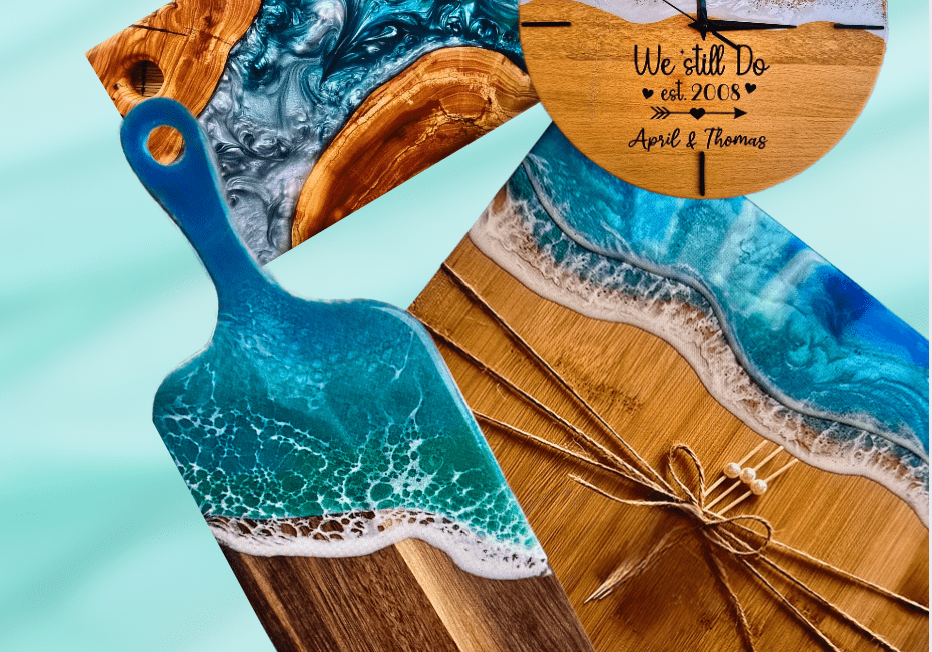 Ocean-themed wooden cutting boards and decor.