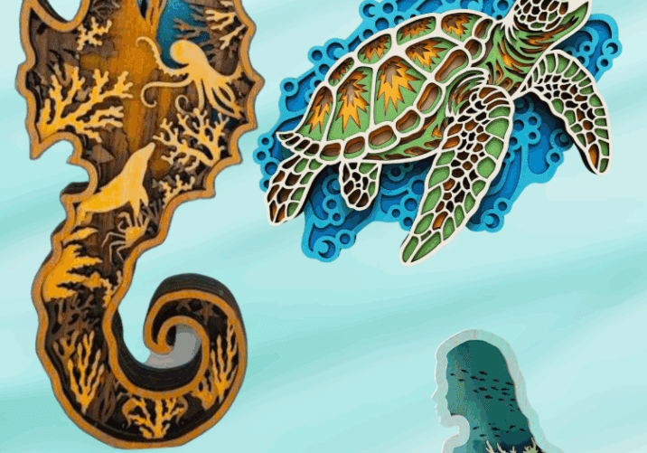 Seahorse, turtle, mermaid wooden art pieces.