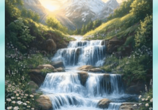 Painting of waterfall with mountains and sunlight.