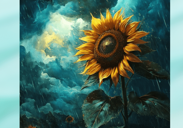 Sunflower painting on an easel, stormy background.