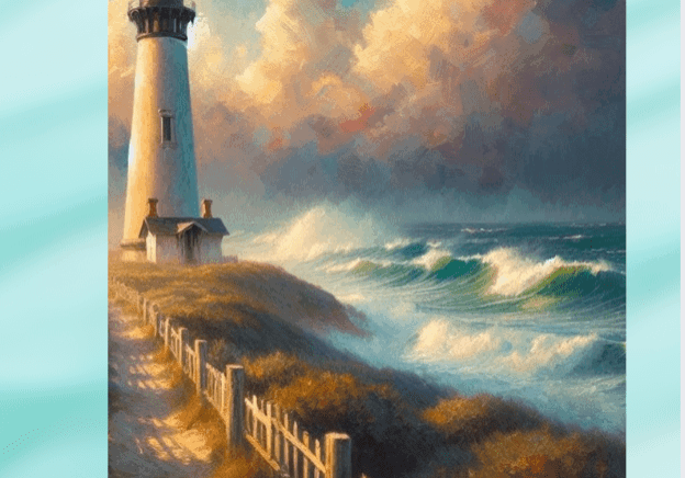 Lighthouse seascape painting on wooden easel
