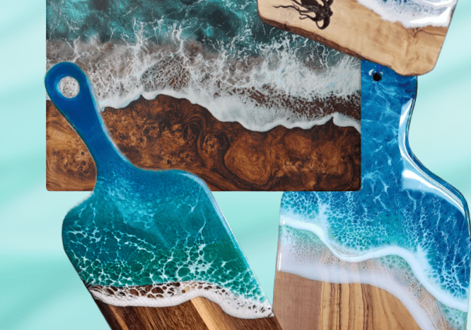 Ocean-themed resin and wood serving boards.