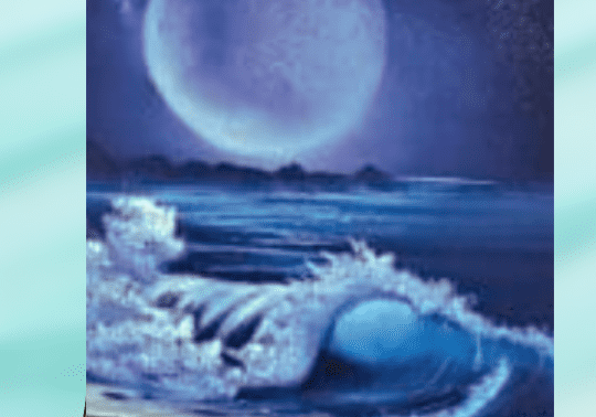 Easel with painting of moonlit ocean scene.