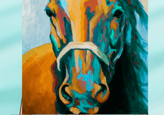 Colorful horse painting on an easel.