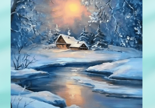 Winter landscape painting on an easel.