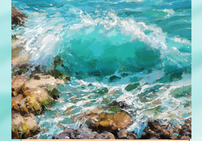 Painting of ocean waves on wooden easel.