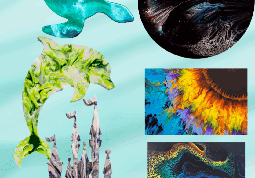 Abstract colorful resin art in various shapes.