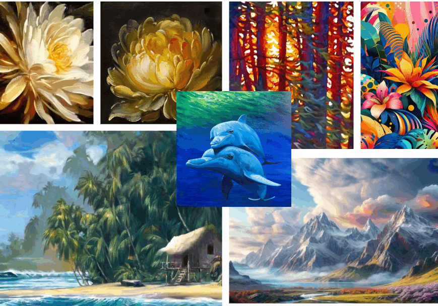 Collage of nature scenes and abstract art.