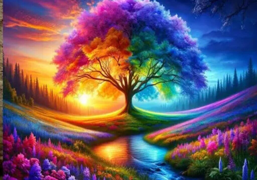 Vibrant tree in colorful, surreal landscape.