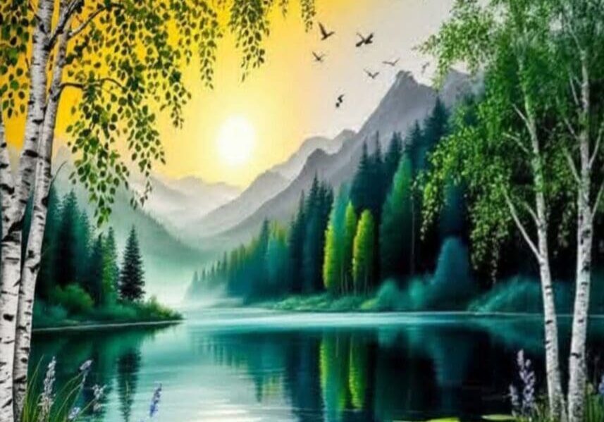 Sunset over a serene mountain lake scenery.