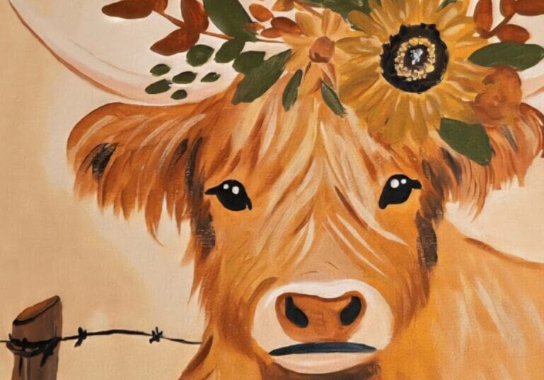 Highland cow with floral crown painting.