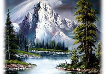 A painting of a mountain with trees and water